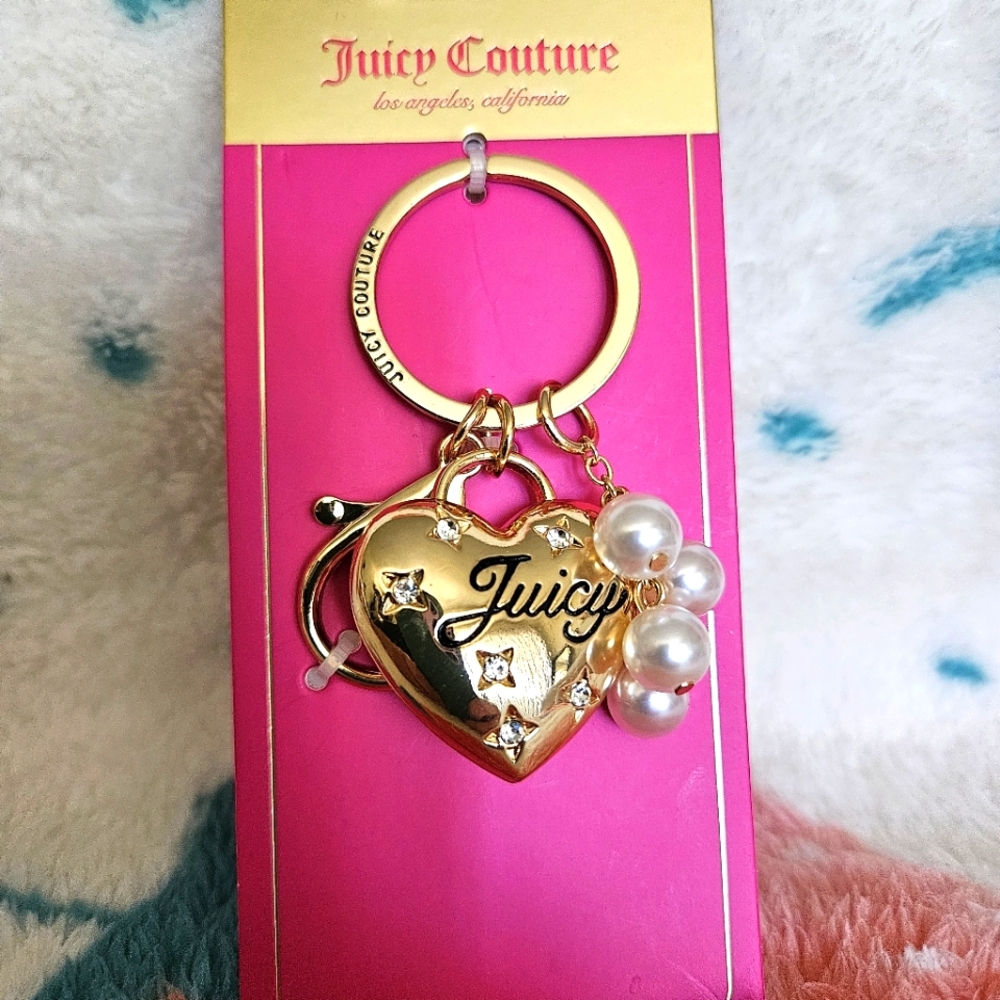 NEW Juicy Couture Gold Heart Bag Charm or Keychain with Pearls